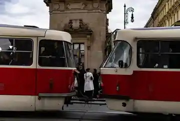 Prague trams framing the Claudia Coffee window